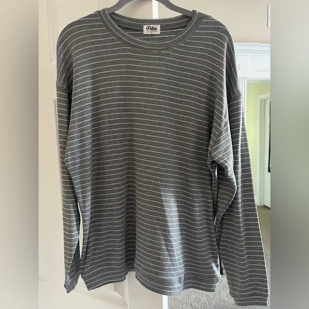 Pulse Charcoal and White Striped Long Sleeve Top